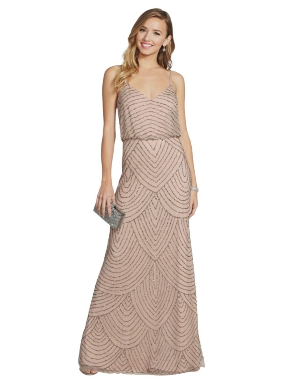 Adrianna Papell Art Deco Beaded Sequin Taupe Pink Gown 12